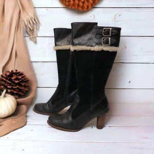 UGG Boots Raya Tall Knee High Heel Black 8 Suede Leather Shearling Fur Buckle